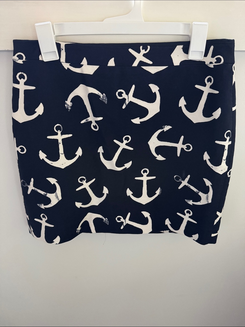 J. Crew Navy Blue Anchor Print Mini Skirt Nautical Preppy Cotton Stretch Size 8